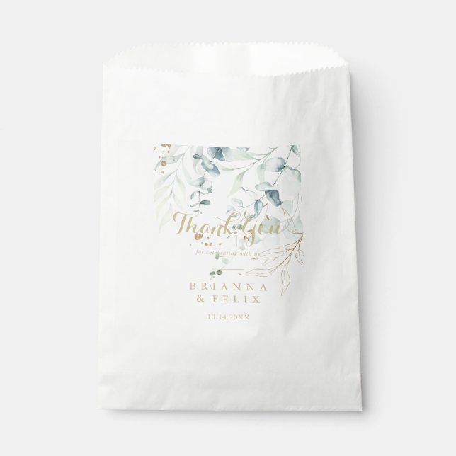 Sachets En Papier Eucalyptus Gold Floral Merci bleu Mariage (Devant)