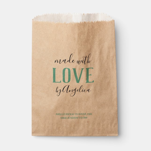 Sachets En Papier Fabriqué avec Love Script Turquoise Kraft sac (Devant)