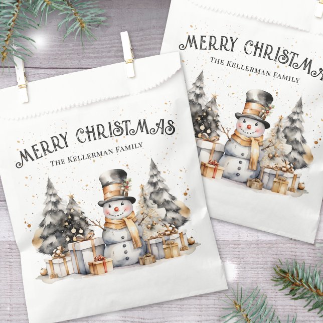 Sachets En Papier Festif noir blanc hiver Joyeux Noël (Black White Festive Winter Merry Christmas Favor Bag)