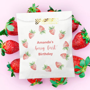 Sachets En Papier Fête d'anniversaire de 1 an aux fraises aquarelles