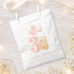 Sachets En Papier Fille 3 ans Anniversaire Ours rose + Nom Fête