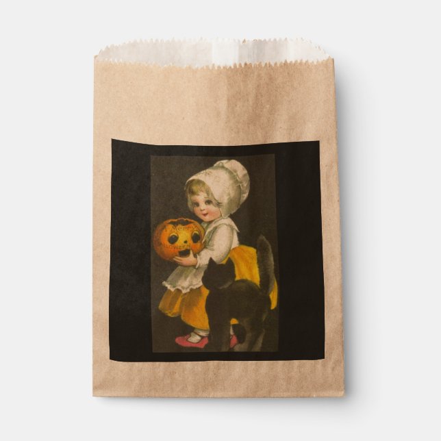 Sachets En Papier Fille Citrouille Chat Bonbon Vintage Halloween (Devant)