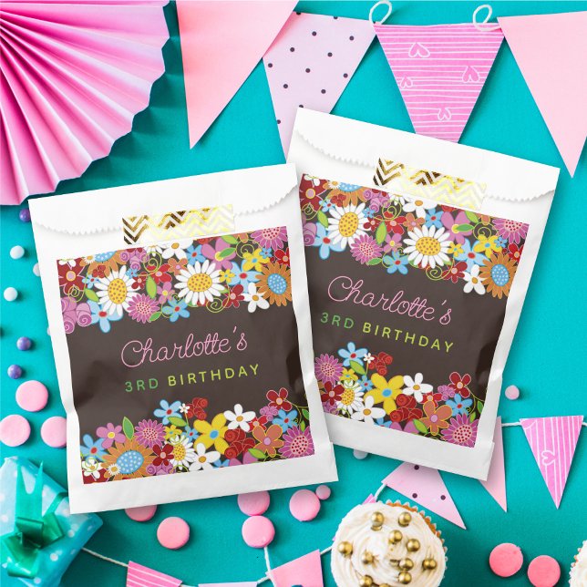 Sachets En Papier Fleurs de printemps Whimsical Jardin Fête d'annive (Whimsical Colorful Spring Flowers Garden Girl's Birthday Party Favor Bag @ fat_fa_tin)