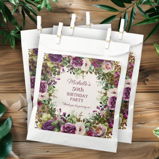 Sachets En Papier Fleurs Florales Violettes Roses Anniversaire (Elegant purple and pink watercolor floral birthday party favor bags. )