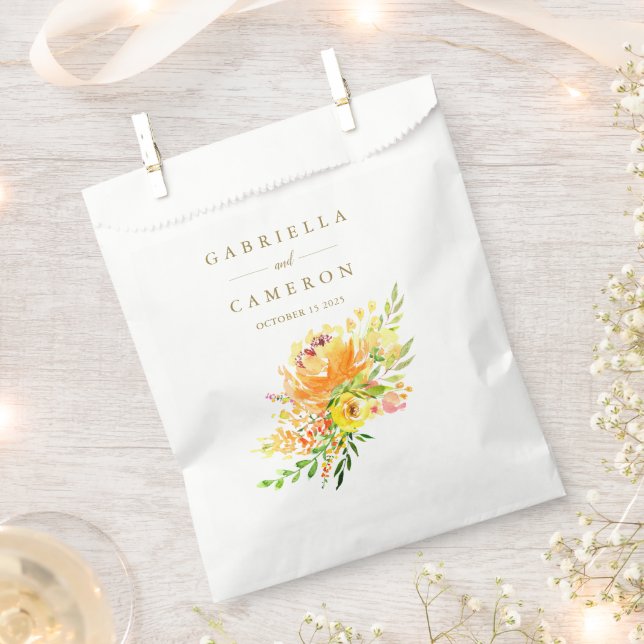 Sachets En Papier Fleurs Jaunes Chic Mariage Aquarelle Personnalisé (Coupé)