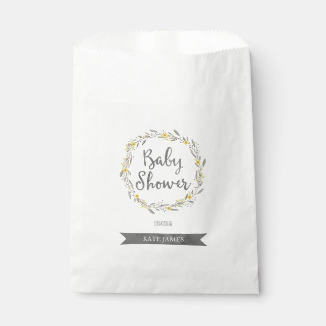 Sachets En Papier Fleurs jaunes et Feuilles gris Baby shower de cour (Devant)