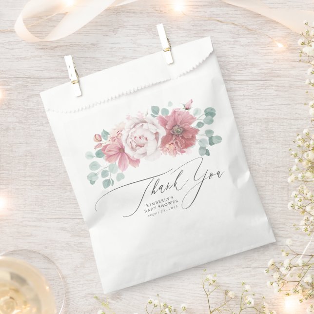 Sachets En Papier Fleurs Rose Poussiéreuse Élégant Script Merci (Coupé)