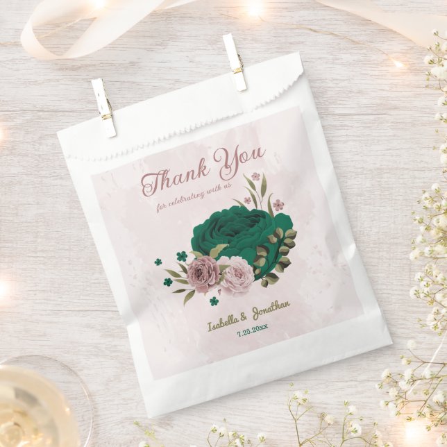 Sachets En Papier fleurs roses vert émeraude mariage  (Coupé)