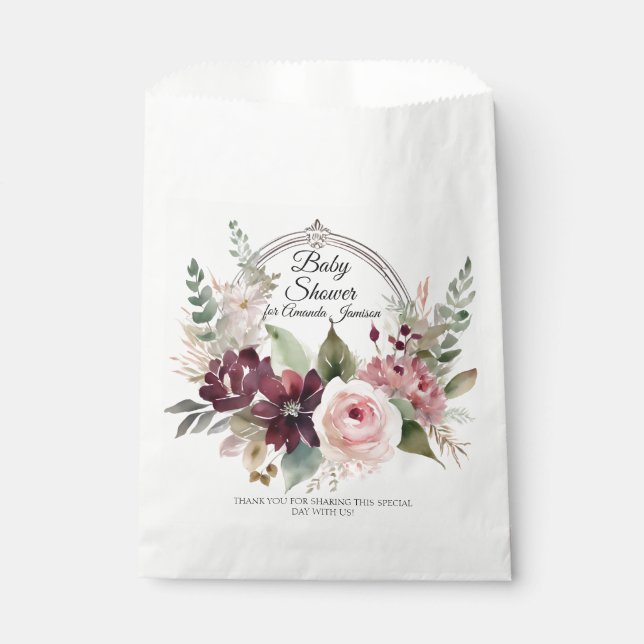 Sachets En Papier Floral Bourgogne rose Chute bébé rose Fille Douche (Devant)