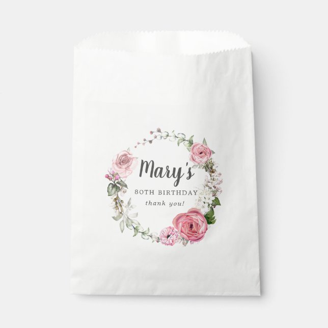 Sachets En Papier Floral rose rustique 80e anniversaire (Devant)