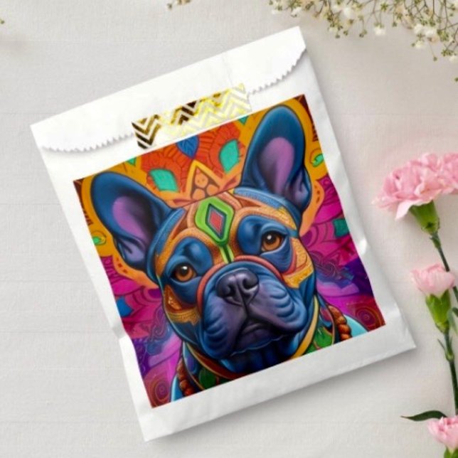Sachets En Papier Frenchie Fun  (Colourful Frenchie favor bag. Dimensions: 5.75”x8” sold in sets of 50. 
)