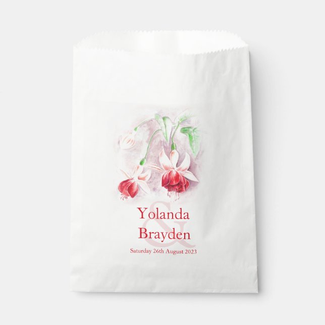 Sachets En Papier Fuchsia fleur rouge aquarelle mariage (Devant)