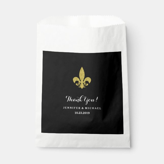 Sachets En Papier Glam Gold Fleur de Lis pour Mariage sur Black (Devant)