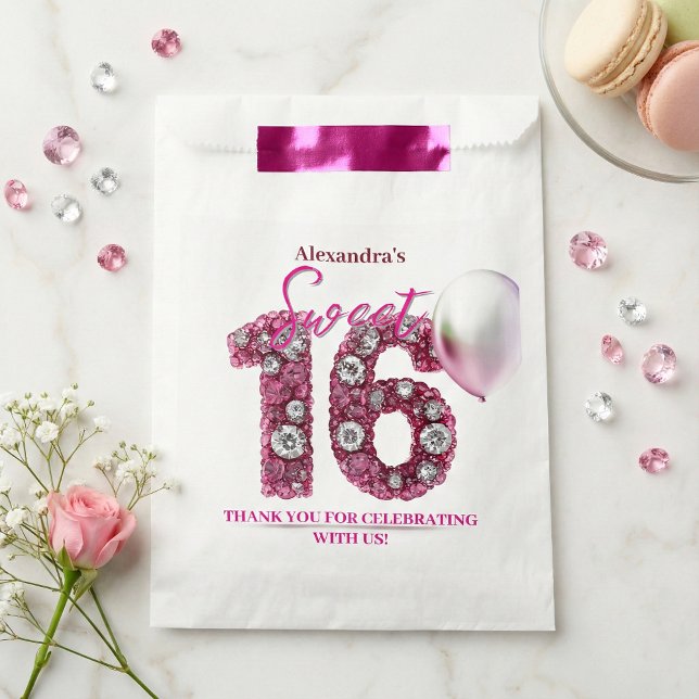 Sachets En Papier Glam Pink Diamonds & Silver Balloon Sweet 16 (Créateur téléchargé)