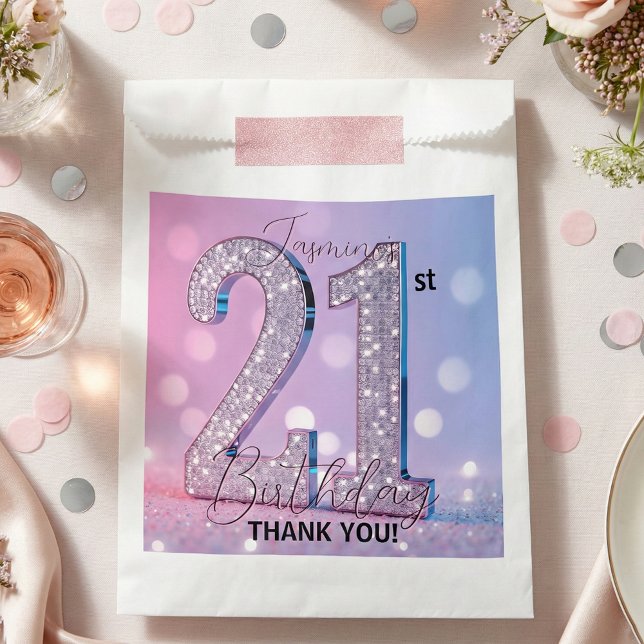 Sachets En Papier Glam Silver Diamond Sparkle Pink 21st Birthday (Créateur téléchargé)