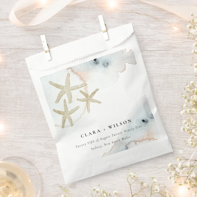 Sachets En Papier Gold Dusky Blue Beachy Starfish Aquarelle Mariage (Coupé)
