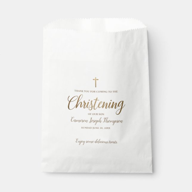 Sachets En Papier Gold Script Cross Christening Merci (Devant)