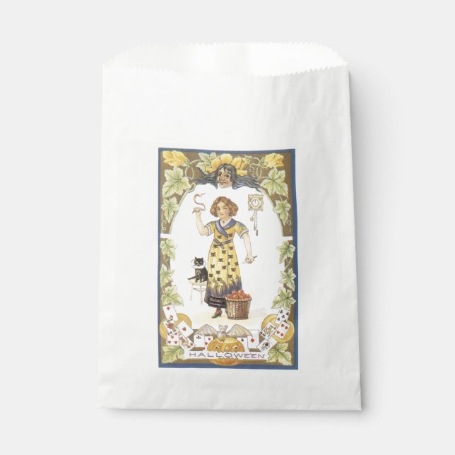 Sachets En Papier Halloween à l'ancienne, Fille avec chat noir (Devant)