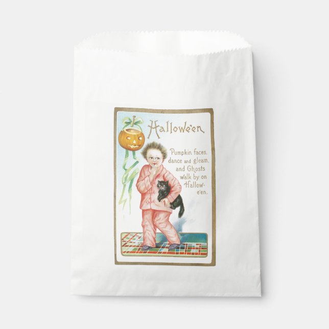 Sachets En Papier Halloween à l'ancienne, Garçon tenant un chat noir (Devant)