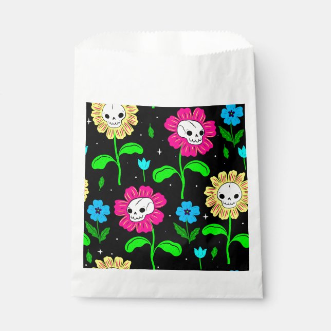 Sachets En Papier halloween floral crâne fleurs noir (Devant)