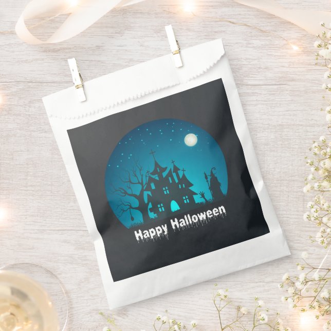 Sachets En Papier Happy Halloween Maison hantée bleue et noire (Coupé)