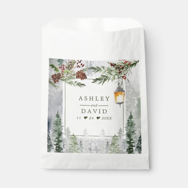 Sachets En Papier Hiver Pins Rustiques Lanterne Mariage botanique (Devant)