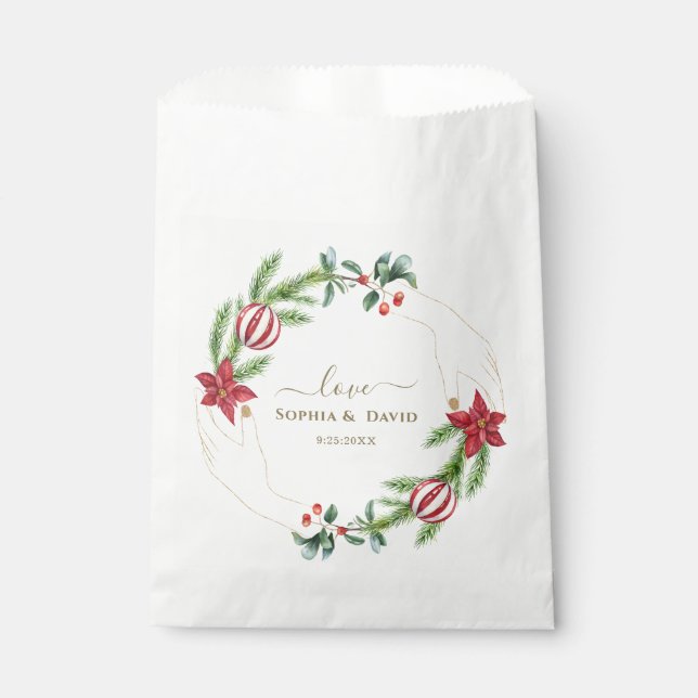 Sachets En Papier Hiver Poinsettia Pine Berry Mariage de Noël (Devant)