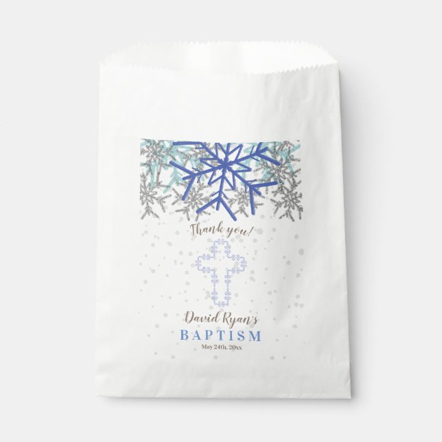 Sachets En Papier Hiver Silver Navy Blue Snowflake Baptism Invitatio (Devant)
