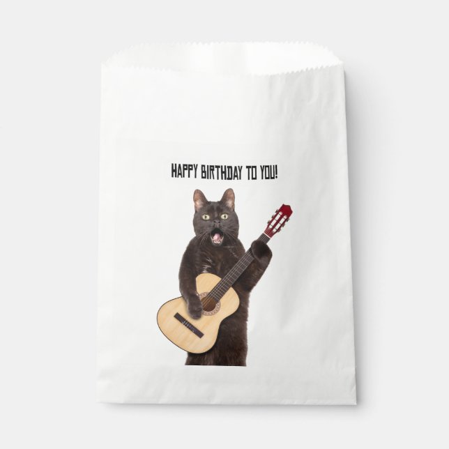 Sachets En Papier Joyeux Anniversaire Chat chantant et jouant de la  (Devant)