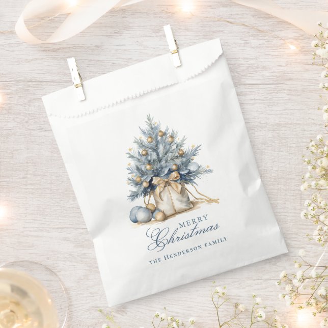 Sachets En Papier Joyeux Arbre de Noël Or Bleu Nom personnalisé (Coupé)