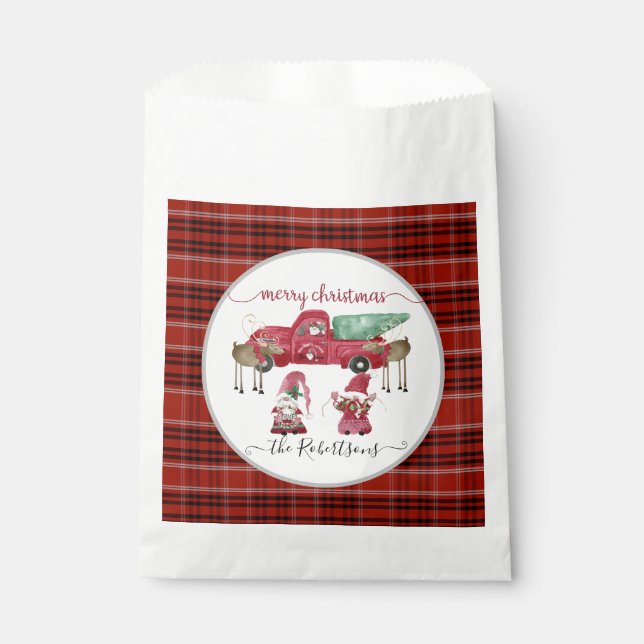 Sachets En Papier Joyeux Noël Aquarelle Gnome Camion Rouge Arbres (Devant)