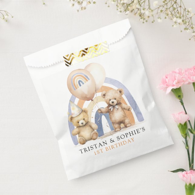 Sachets En Papier Jumeaux 1er anniversaire Aquarelle Nounours (Scellé)