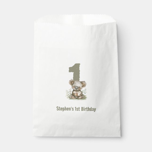 Sachets En Papier Koala Bear Sage Green 1er anniversaire fête (Devant)