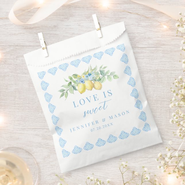 Sachets En Papier L'Amour Est Doux Carreaux Bleus Citron Mariage Mer (Coupé)
