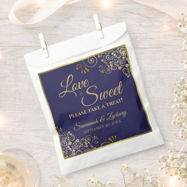Sachets En Papier L'amour est Sweet Navy Blue & Gold Lace Mariage (Coupé)