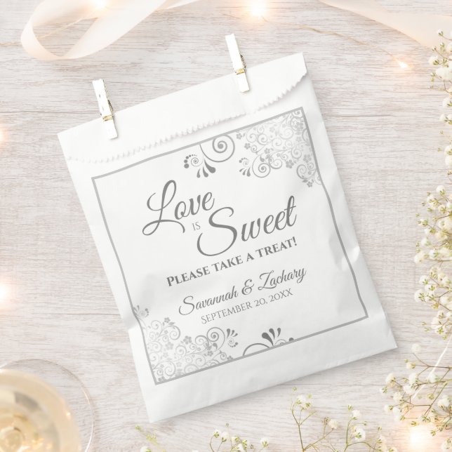 Sachets En Papier L'amour est Sweet Silver Lace & Grey Script Mariag (Coupé)