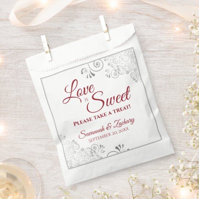 Sachets En Papier L'amour est Sweet Silver Lace & Red Script Mariage (Coupé)