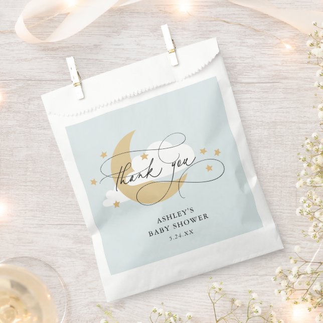 Sachets En Papier Lune et étoiles Bleu Script Baby shower Merci C (Coupé)