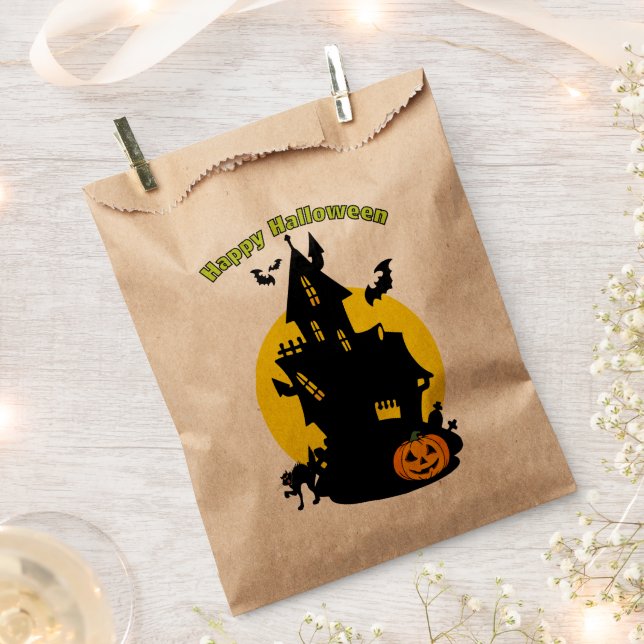 Sachets En Papier Maison hantée avec chauves-souris Happy Halloween  (Coupé)