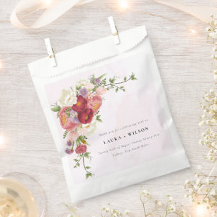Sachets En Papier Mariage Boho rouge rose vif Fleurs blanches