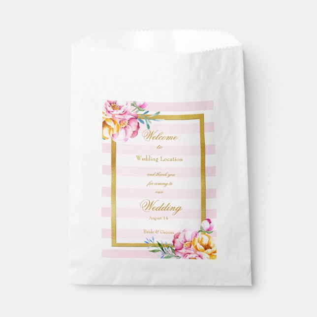 Sachets En Papier Mariage de trame dorée à rayures roses (Devant)