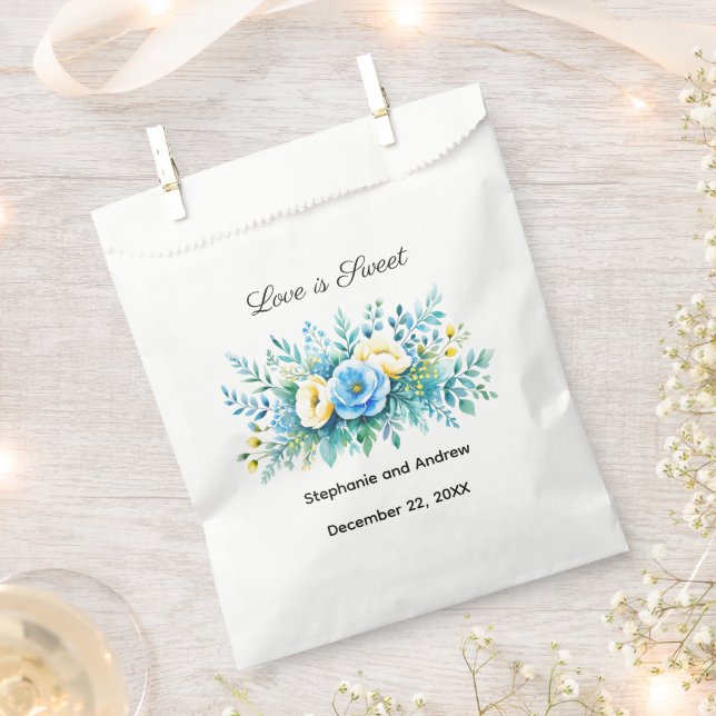 Sachets En Papier Mariage Fleur Bleu Jaune Amour Est Doux (Coupé)