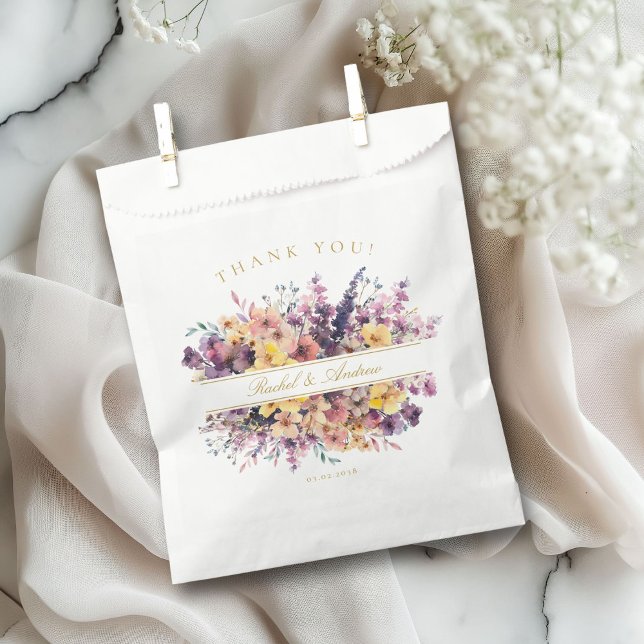 Sachets En Papier Mariage fleur sauvage (Customer-Specific "Thank you!" Wedding Favor Bag with a wild-flower bouquet & scripted font.)