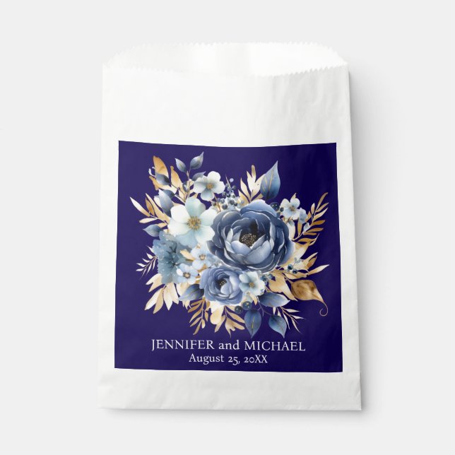 Sachets En Papier Mariage floral bleu marine et or (Devant)