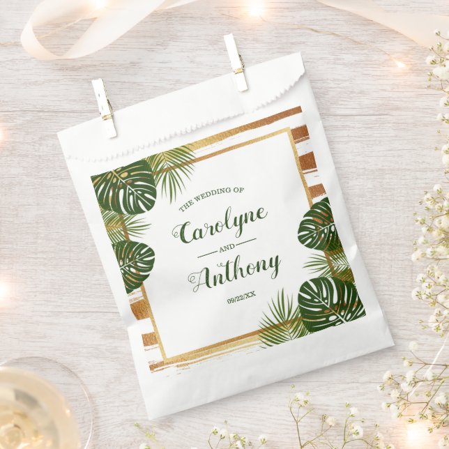Sachets En Papier Mariage Gold Foil & Green Palm Leaf Beach (Coupé)