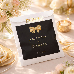 Sachets En Papier Mariage Moderne Noir et Or Nœud Papillon Doré