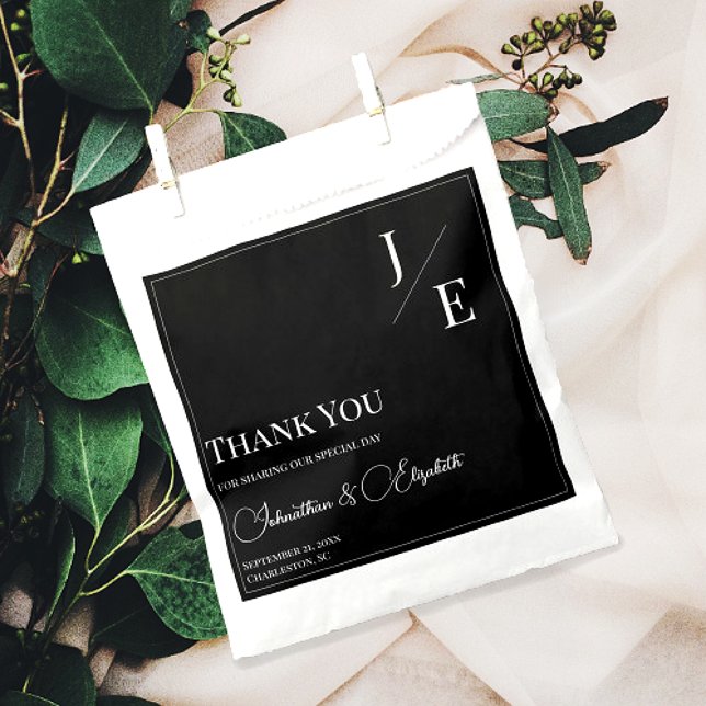 Sachets En Papier Mariage monogramme minimal | Noir (Black Minimalist Monogram Wedding Favor Bags)