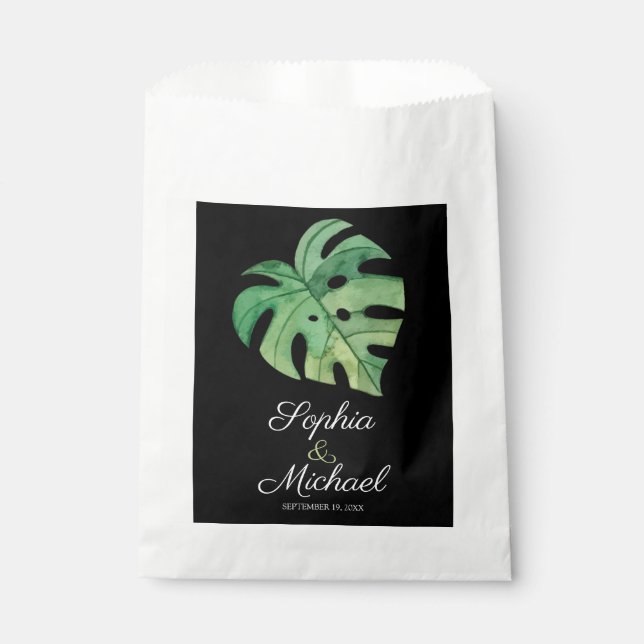 Sachets En Papier Mariage noir Monstera Tropical (Devant)