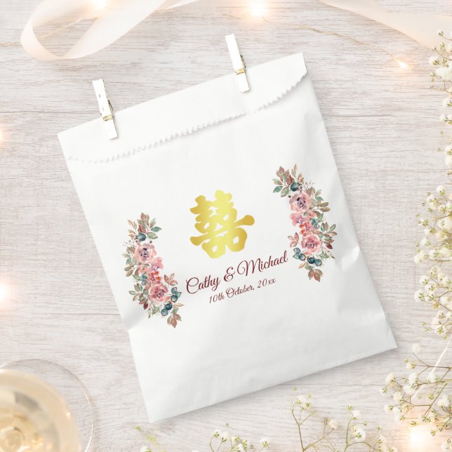 Sachets En Papier Mariage or chinois double bonheur rustique (Coupé)