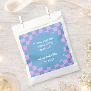 Sachets En Papier Mariage personnalisé Moderne Rétro Damier Bleu Ros